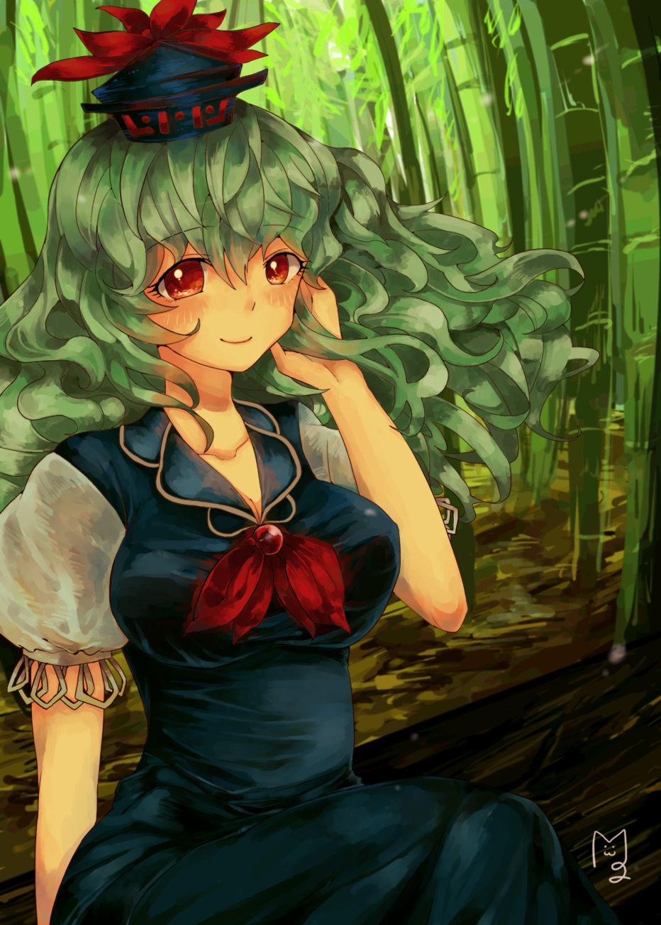 adjusting_hair bad_id bad_pixiv_id bamboo bamboo_forest blue_hair breasts cleavage dress forest hat highres kamishirasawa_keine large_breasts log long_hair mizuoka_magu nature red_eyes shirt sitting smile solo taut_clothes taut_shirt touhou