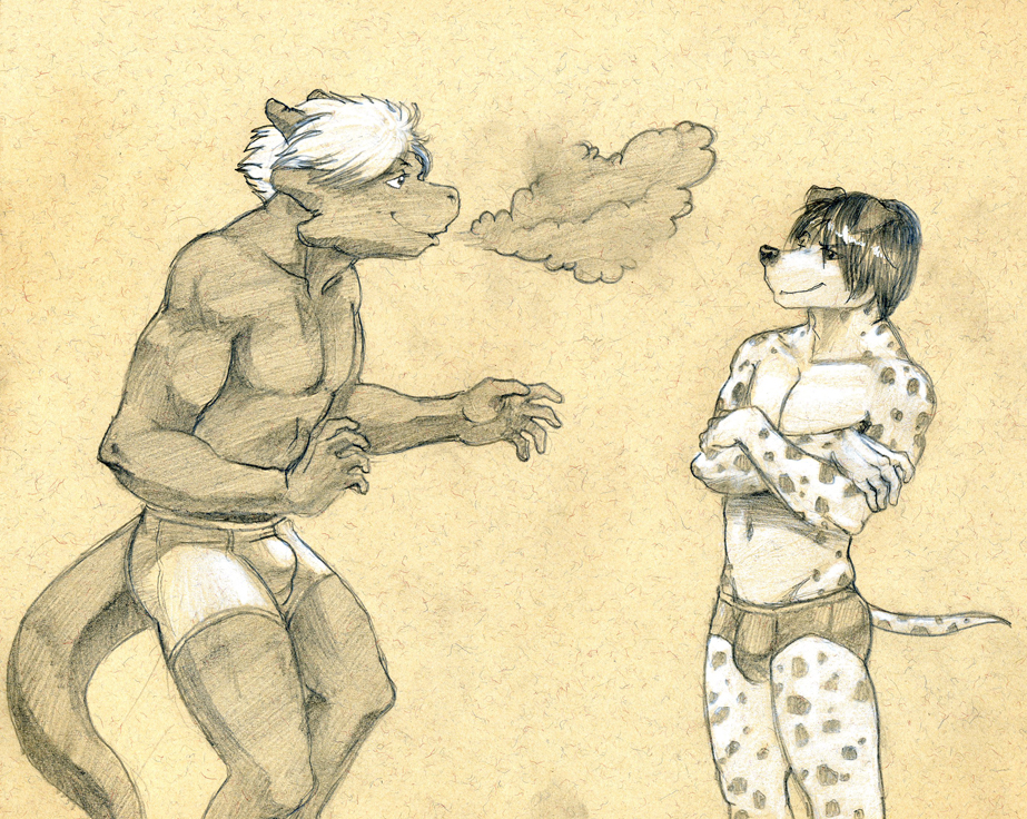 boxer_briefs briefs bulge canine crossed_arms dalmatian dog dragon duo male mammal muscles smoke topless tush underwear