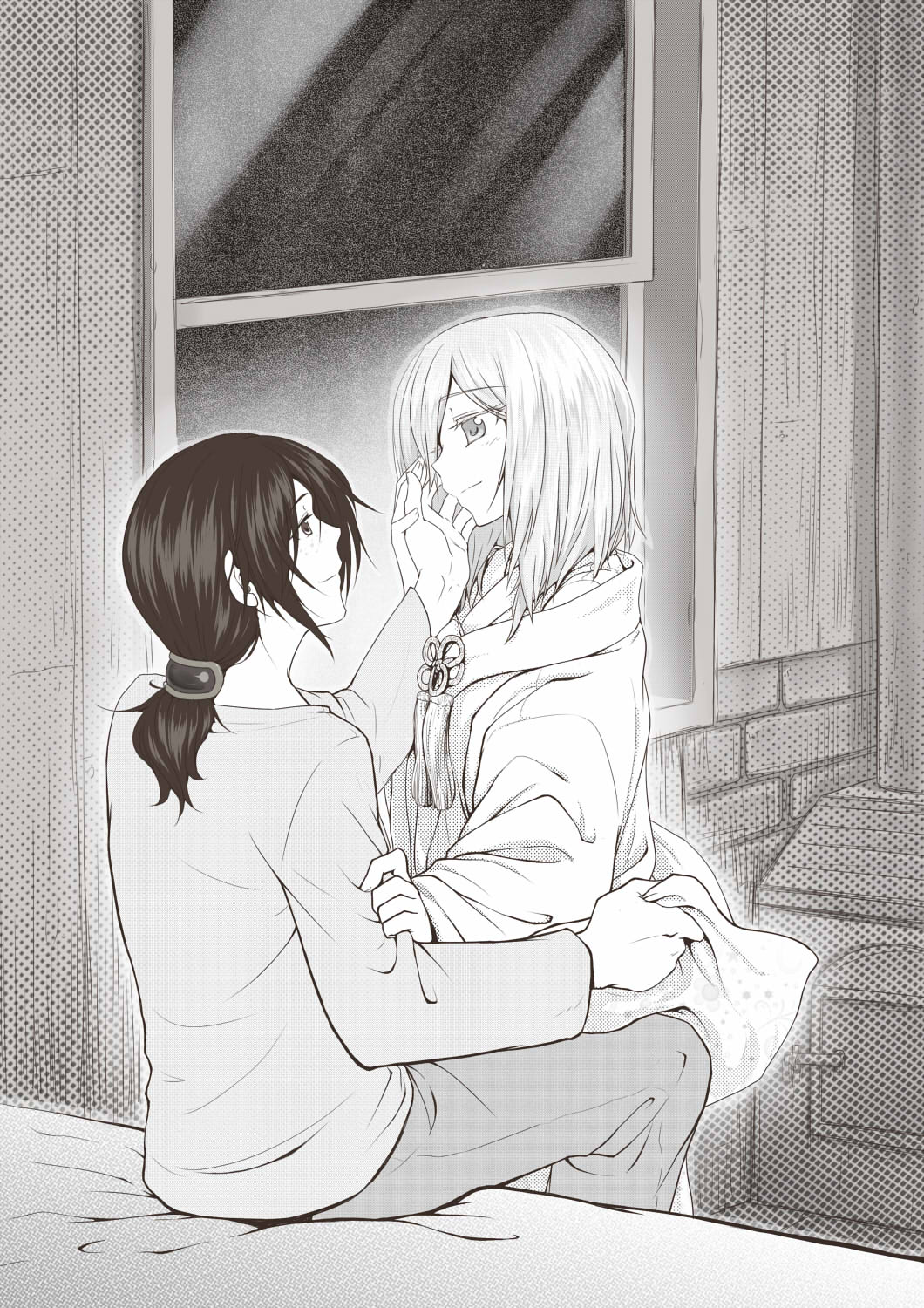 casual christa_renz clothes_grab freckles highres holding_hands leo_19th looking_at_another monochrome multiple_girls on_bed pants ponytail shingeki_no_kyojin short_hair sitting sitting_on_bed touching window ymir_(shingeki_no_kyojin) yuri