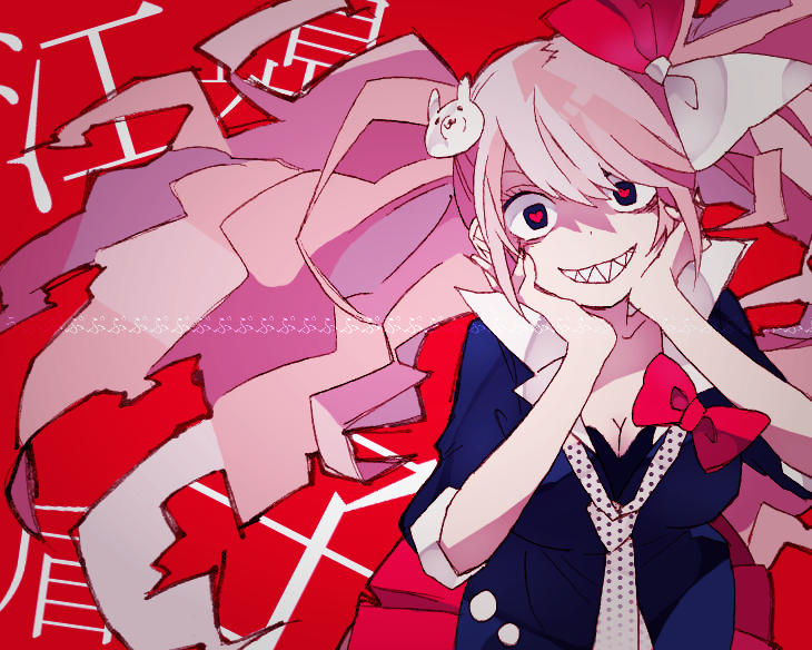 4_(nakajima4423) bow crazy_eyes danganronpa danganronpa_1 enoshima_junko hair_bow hands_on_own_cheeks hands_on_own_face heart heart-shaped_pupils long_hair looking_at_viewer loose_necktie nail_polish necktie pink_hair red_background sharp_teeth skirt sleeves_rolled_up smile solo spoilers symbol-shaped_pupils teeth twintails upper_body