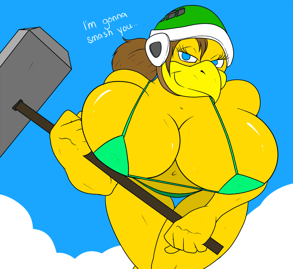 beak big_breasts bikini blue_eyes breasts brown_hair cleavage clothed clothing cloud english_text female hair hammer hammer_brothers hat huge_breasts looking_at_viewer nintendo reptile scalie sky solo standing swimsuit text tight_clothing turtle video_games yellow_skin zp92