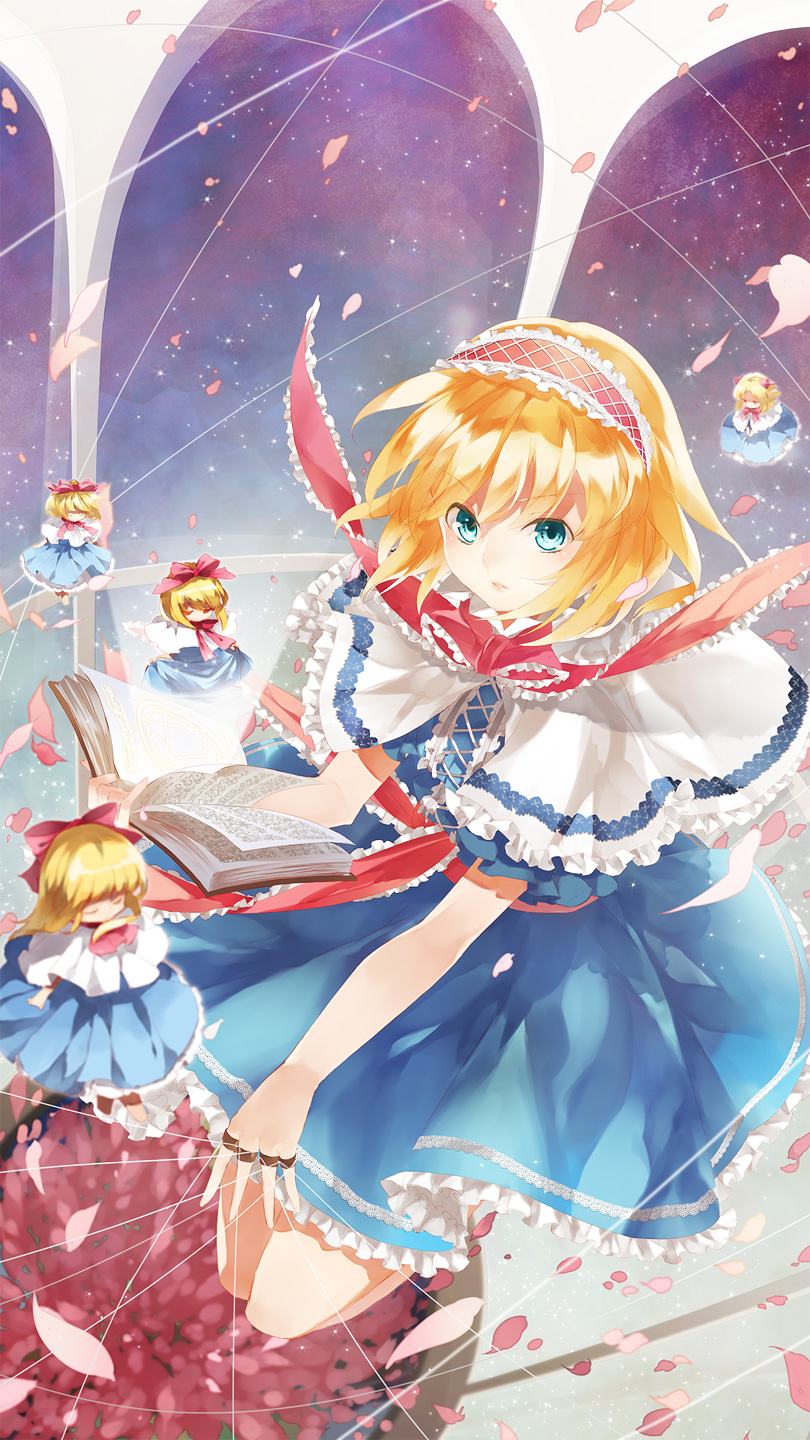alice_margatroid aqua_eyes arch bad_id bad_pixiv_id blonde_hair book bow capelet dress flying hair_bow headband highres jewelry legs_up long_hair looking_at_viewer open_book parted_lips petals puppet_rings puppet_strings ribbon ring sash shanghai_doll shiyun short_hair sky solo star_(sky) starry_sky touhou