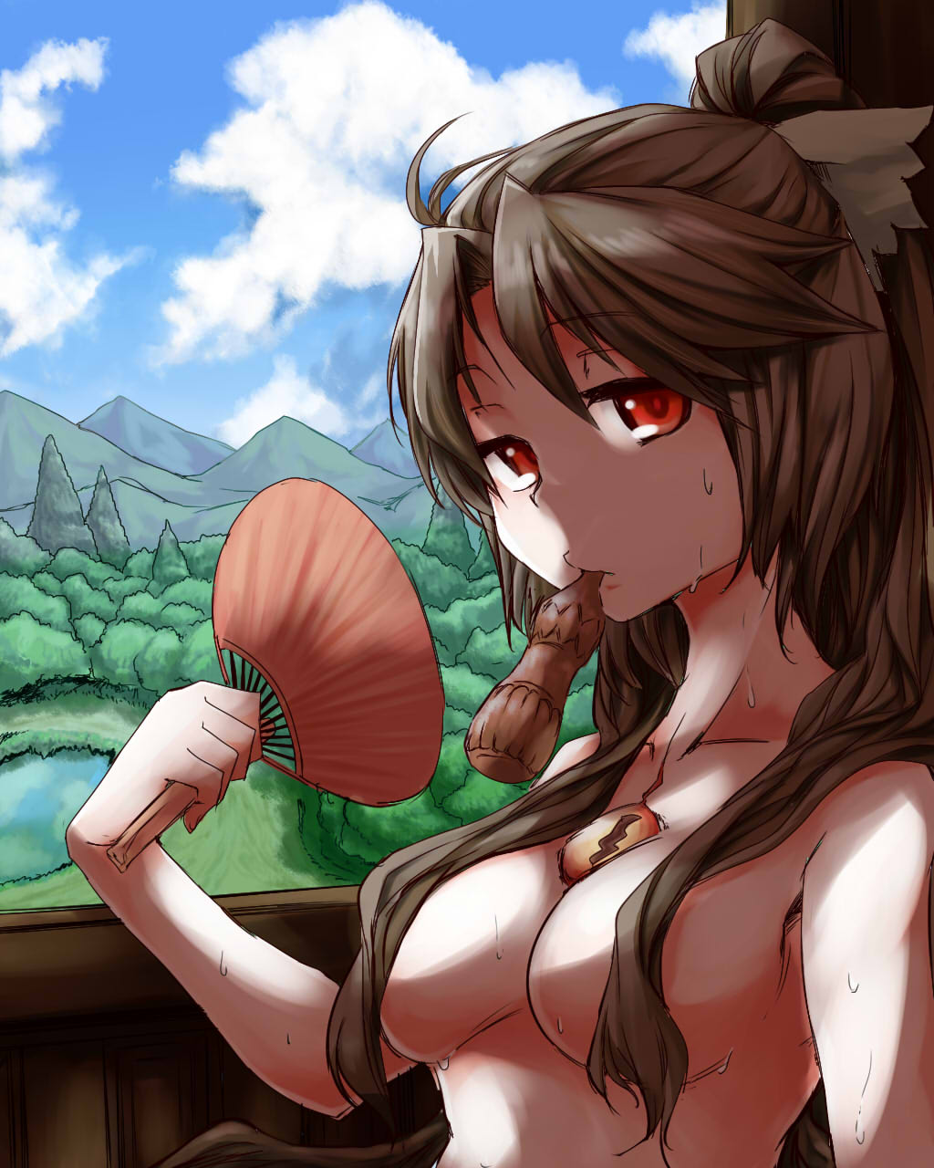 bow breasts brown_hair censored convenient_censoring day fan forest hair_bow hair_censor hair_over_breasts highres hot large_breasts long_hair madara_hato nature nude red_eyes reiuji_utsuho scenery solo summer sweat third_eye touhou