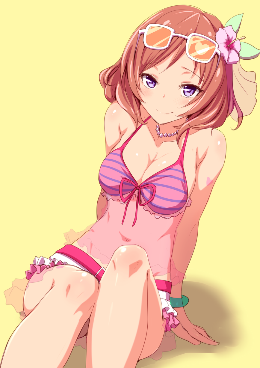 arm_support belt bikini blush breasts clearite cleavage eyewear_on_head flower front-tie_top hair_flower hair_ornament heart highres jewelry looking_at_viewer love_live! love_live!_school_idol_project medium_breasts natsuiro_egao_de_1_2_jump! navel necklace nishikino_maki purple_eyes red_hair see-through shiny shiny_skin short_hair simple_background sitting skirt smile solo striped sunglasses swimsuit yellow_background
