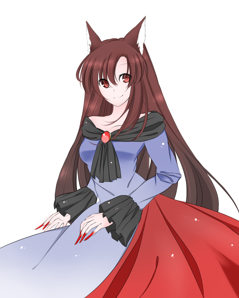 animal_ears bad_id bad_pixiv_id bare_shoulders brooch brown_eyes brown_hair dress fingernails frills imaizumi_kagerou jewelry long_fingernails long_hair sariteru smile solo touhou very_long_hair white_background wide_sleeves wolf_ears