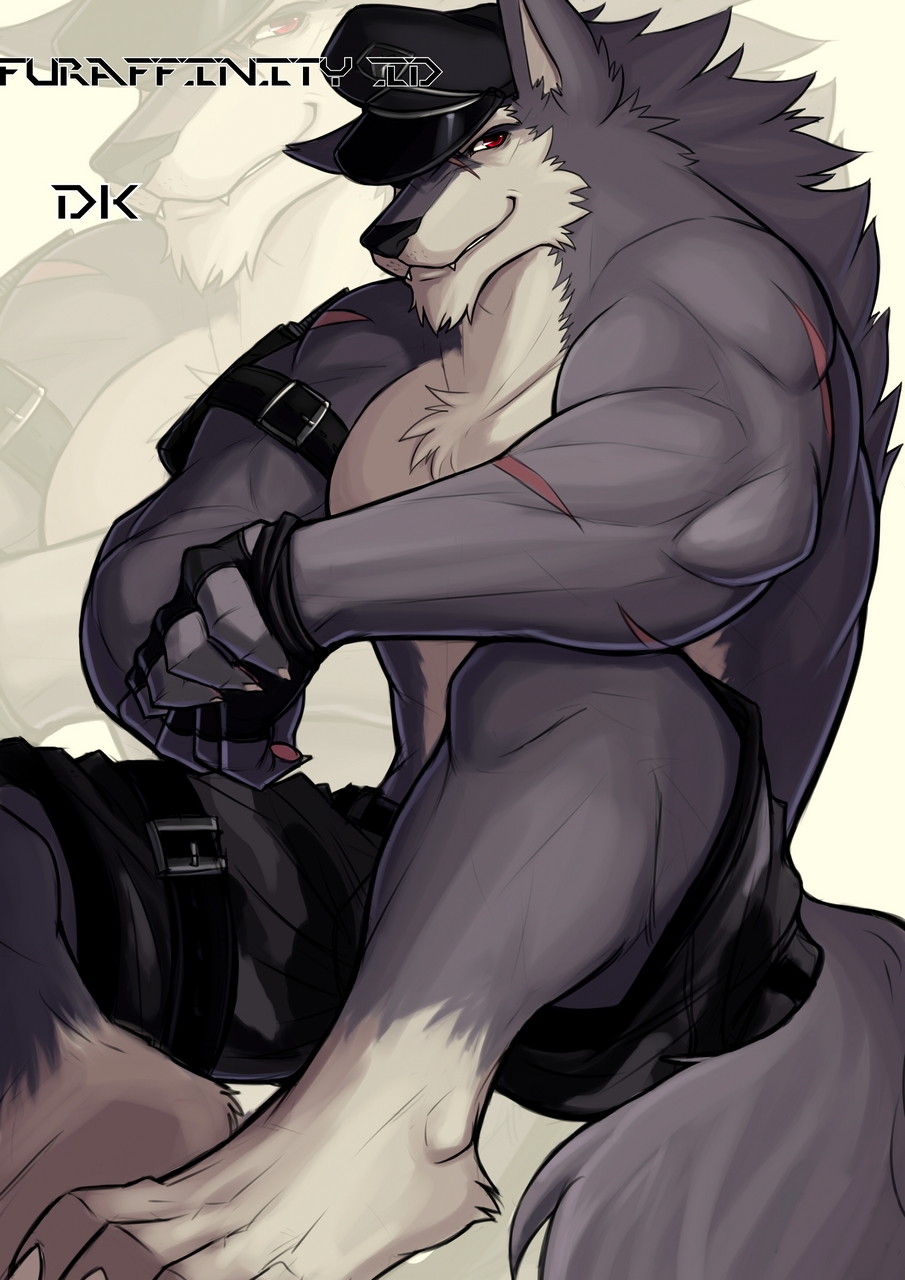 anthro biceps big_muscles canine clothing drks fingerless_gloves fur gloves hat leather looking_at_viewer male mammal muscles red_eyes scar shorts solo straps topless wolf
