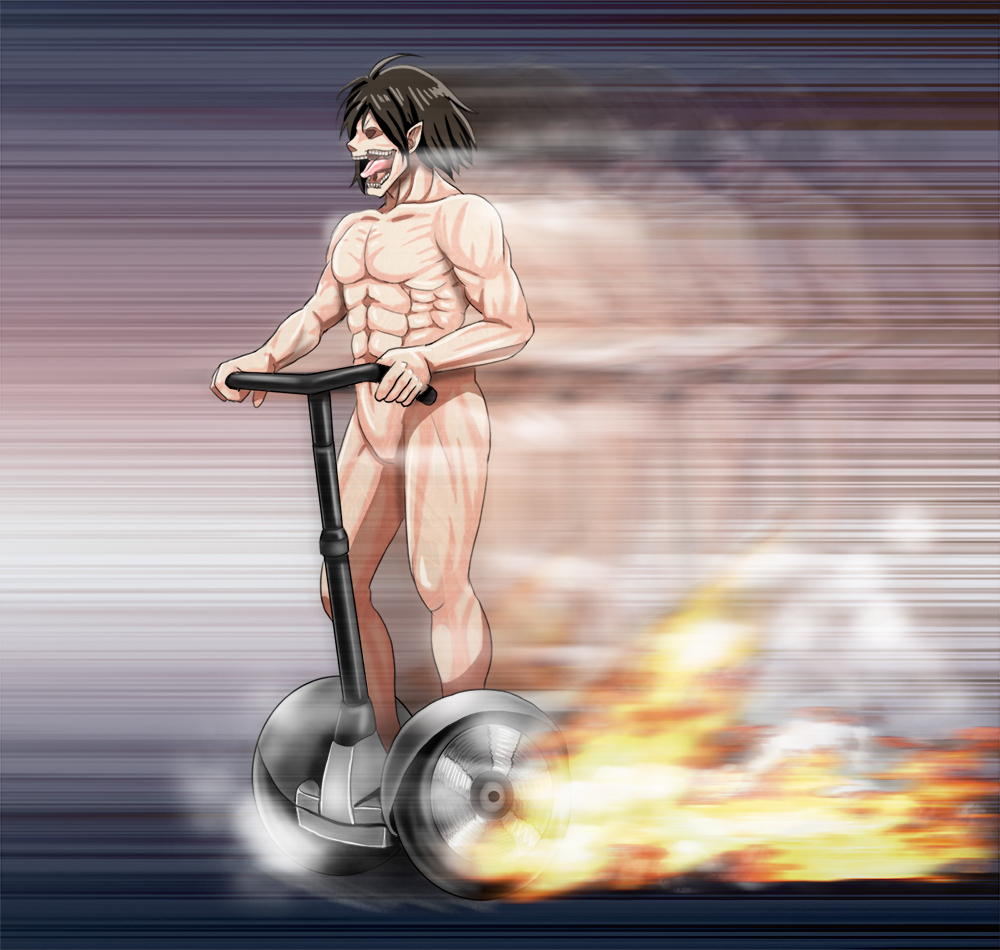 afterimage collarbone fire flame full_body giant grin male_focus monster muscle nude riding rogue_titan segway shingeki_no_kyojin smile solo standing steam teeth tk8d32 tongue what