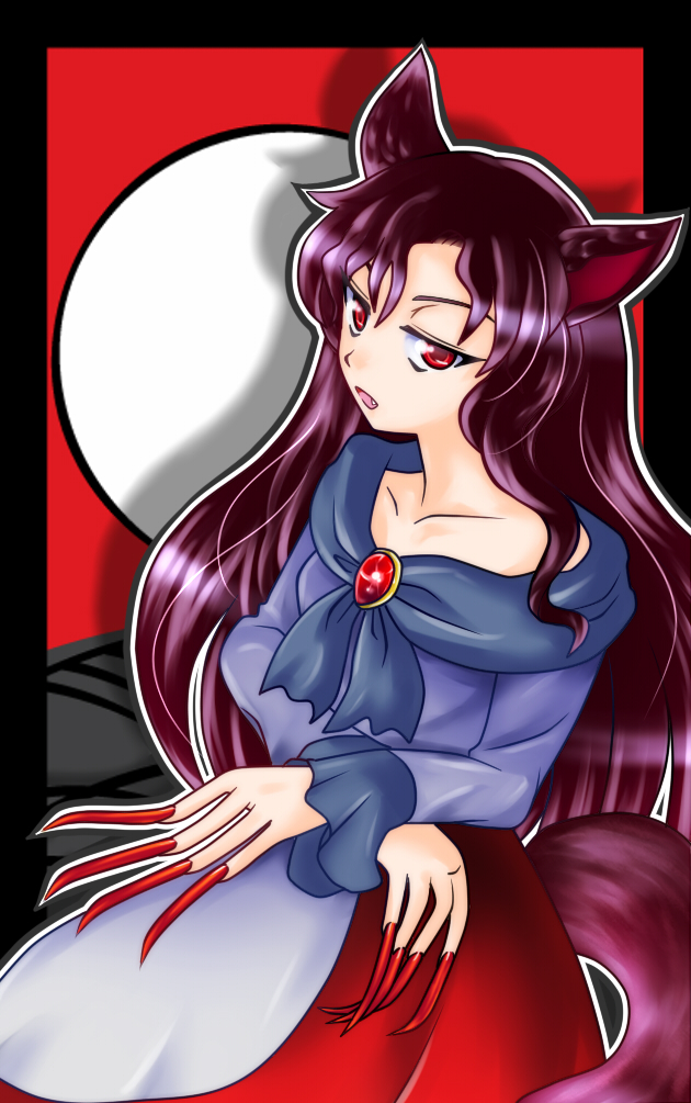 animal_ears black_hair brooch dress fang fingernails frills imaizumi_kagerou jewelry long_fingernails long_hair long_sleeves md5_mismatch open_mouth red_eyes solo tail touhou very_long_hair wachi-p wolf_ears wolf_tail