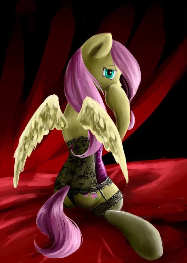 abstract_background cutie_mark equine female feral fluttershy_(mlp) friendship_is_magic fur garter_straps green_eyes hair horse legwear lingerie looking_at_viewer looking_back mammal my_little_pony panties pegasus pink_hair pony shizyaa sitting solo stockings underwear wings yellow_fur