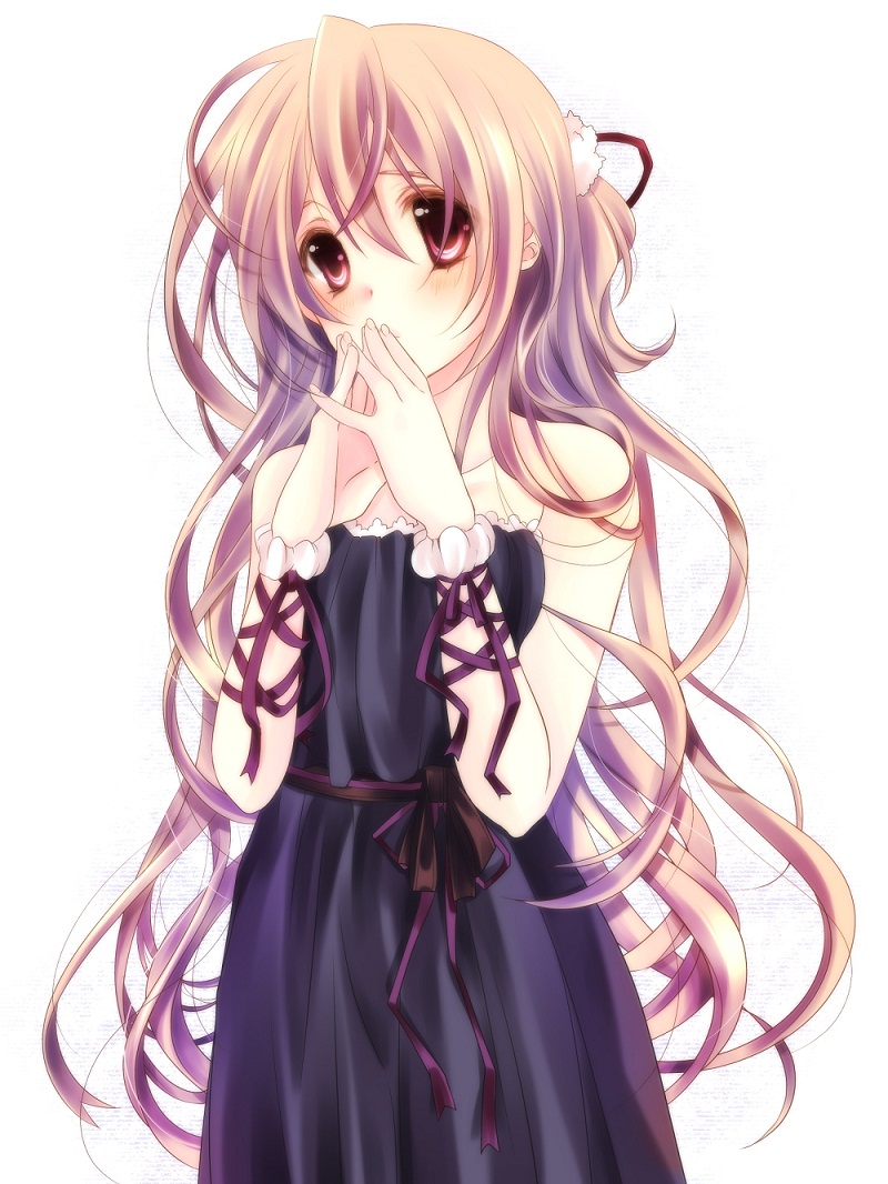 bad_id bad_pixiv_id blush brown_hair dress long_hair nao_(tyatokuro) original purple_eyes ribbon simple_background solo very_long_hair