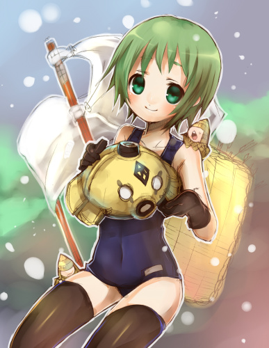 bad_id bad_pixiv_id green_eyes green_hair ju-zika lowres one-piece_swimsuit sangokushi_taisen school_swimsuit short_hair smile solo swimsuit thighhighs