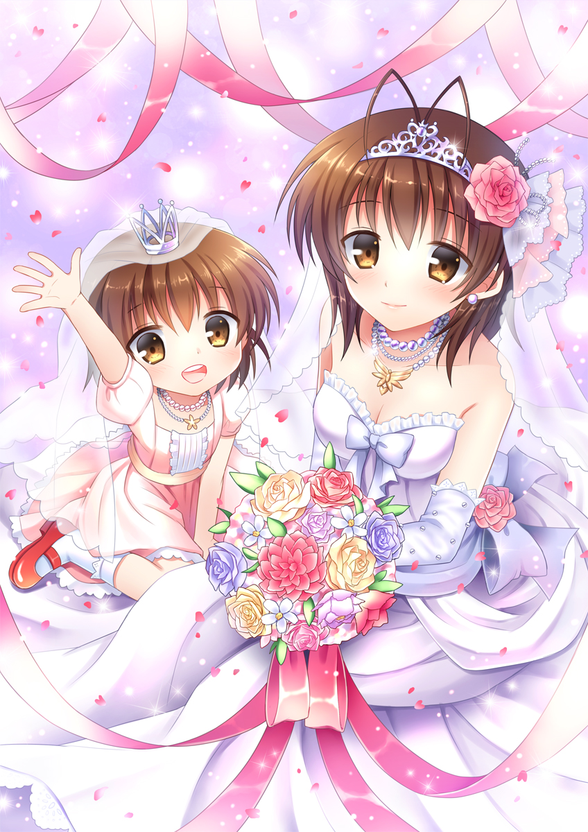:d antenna_hair between_legs blush bobby_socks bouquet breasts bridal_veil brown_eyes brown_hair child clannad cleavage crown dress earrings elbow_gloves flower furukawa_nagisa garland_(decoration) gloves hand_between_legs highres jewelry light_smile looking_at_viewer mary_janes mauve medium_breasts mother_and_daughter multiple_girls necklace okazaki_ushio open_mouth pearl_necklace petals puffy_short_sleeves puffy_sleeves shoes short_sleeves smile socks tareme veil wedding_dress
