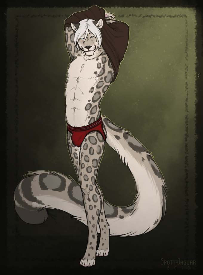 4_toes arms_behind_head barefoot black_nose bulge clothing cyan_eyes feline front fur grey_fur hair jockstrap leopard long_tail looking_at_viewer male mammal navel shirt smile snow_leopard solo spots spottyjaguar standing topless underwear undressing white_hair