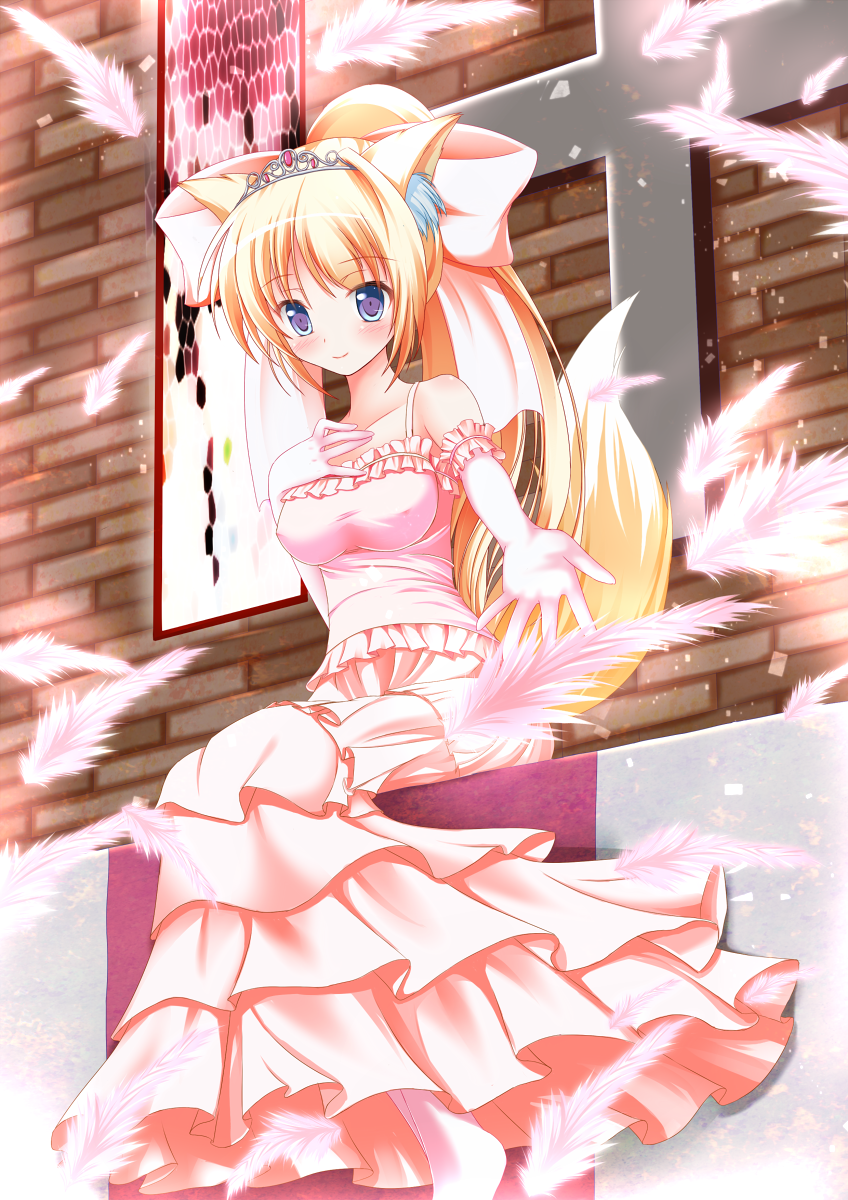 animal_ears blonde_hair blue_eyes blush bow breasts covered_nipples dress elbow_gloves fox_ears fox_tail gloves hair_bow highres kasumi_toshizou long_hair medium_breasts original ponytail sitting smile solo tail takataka very_long_hair