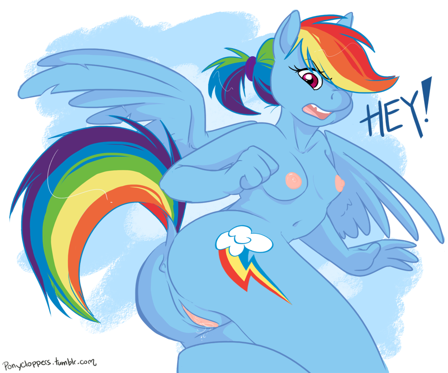 anthro anthrofied blue_fur breasts cutie_mark english_text equine female friendship_is_magic fur hair horse looking_at_viewer mammal multi-colored_hair my_little_pony nipples nude open_mouth pegasus pony ponyclopsasaurus purple_eyes pussy rainbow_dash_(mlp) rainbow_hair solo text wings