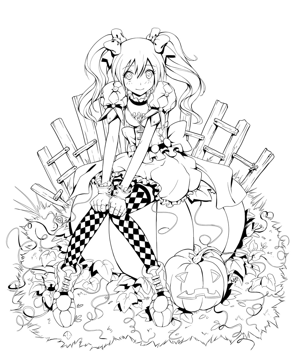bad_id bad_pixiv_id greyscale halloween jack-o'-lantern lineart long_hair looking_at_viewer ml.e monochrome nami_(mangabullet) original sitting smile thighhighs twintails