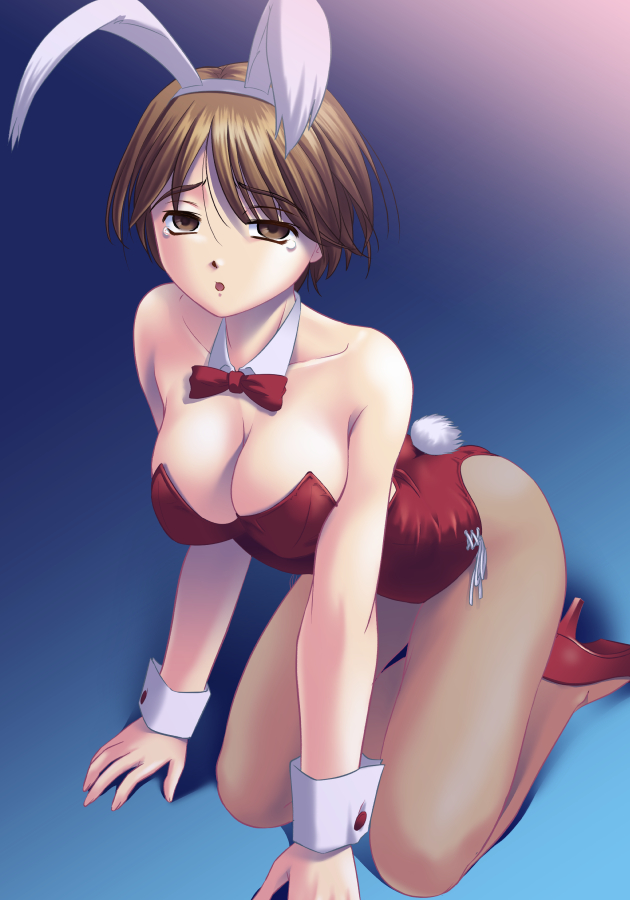animal_ears blue_eyes breasts brown_eyes brown_hair bunny_ears bunny_girl bunny_tail bunnysuit cleavage detached_collar jiyuuyuu large_breasts original pantyhose short_hair solo tail wrist_cuffs