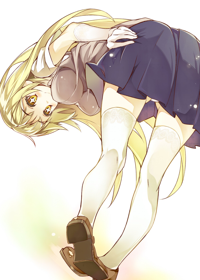 1girl bent_over blonde_hair breasts elbow_gloves from_behind from_below gloves hanging_breasts hidebuu impossible_clothes lace lace-trimmed_gloves lace-trimmed_thighhighs large_breasts loafers long_hair looking_at_viewer panties pantyshot pantyshot_(standing) pigeon-toed pleated_skirt school_uniform shoes shokuhou_misaki short_sleeves skirt smile solo standing sweater_vest symbol-shaped_pupils thighhighs to_aru_kagaku_no_railgun to_aru_majutsu_no_index underwear white_background white_gloves white_legwear white_panties yellow_eyes