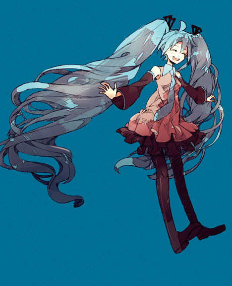 aqua_hair closed_eyes detached_sleeves dress hatsune_miku long_hair necktie outstretched_arms pantyhose reichi_(picorere) solo spread_arms twintails very_long_hair vocaloid