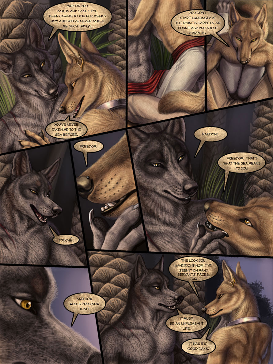 anthro canine collar comic dialog gay jackal luther male mammal outside red_lantern_the_crimson_divine rukis text wolf