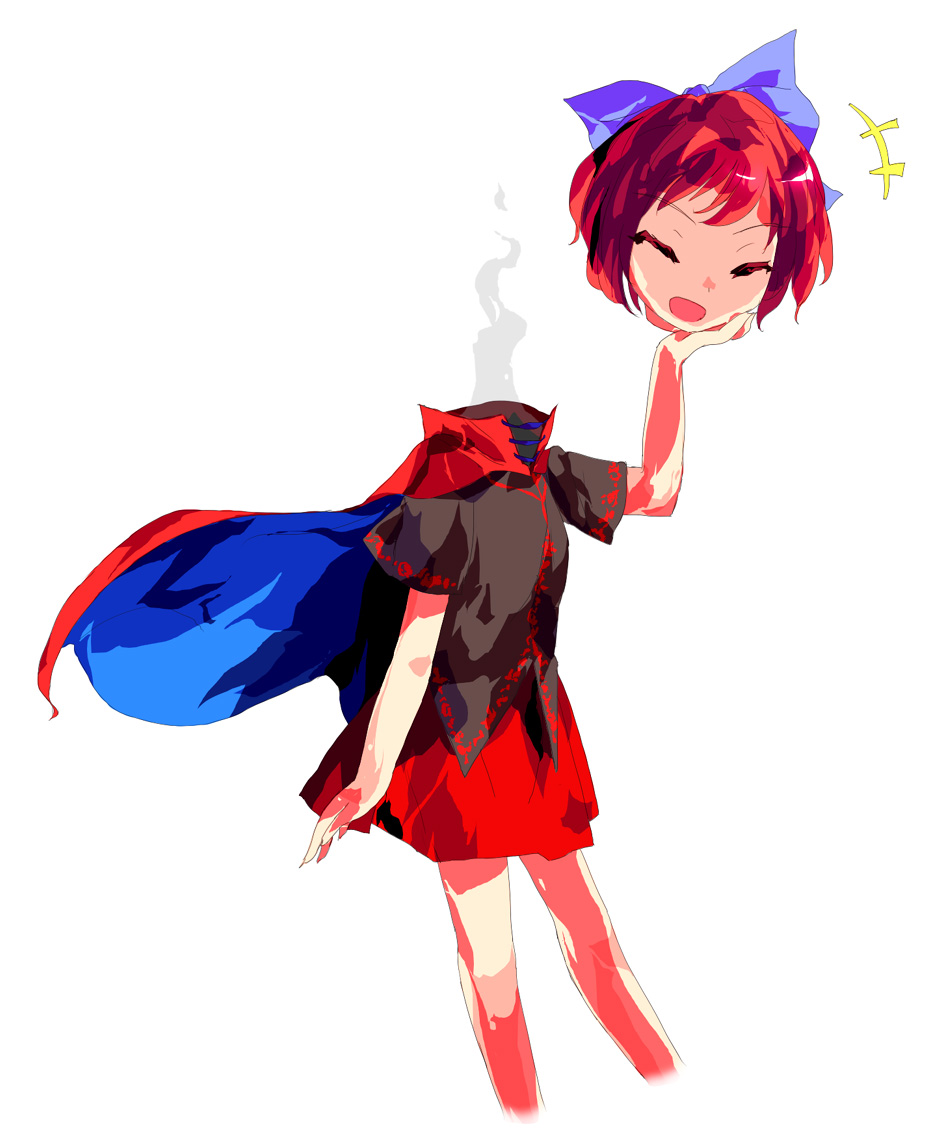 alphes_(style) bow cape closed_eyes disembodied_head formless_god hair_bow headless holding_head nukekubi open_mouth parody red_hair sekibanki short_hair short_sleeves sketch skirt solo style_parody touhou white_background