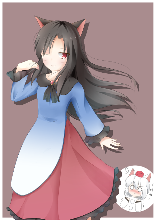 akabeko_(ku-enn) animal_ears black_hair blush brooch dress frills gununu hat imaizumi_kagerou inubashiri_momiji jewelry long_hair long_sleeves multiple_girls o_o one_eye_closed red_eyes short_hair tokin_hat touhou white_hair wolf_ears