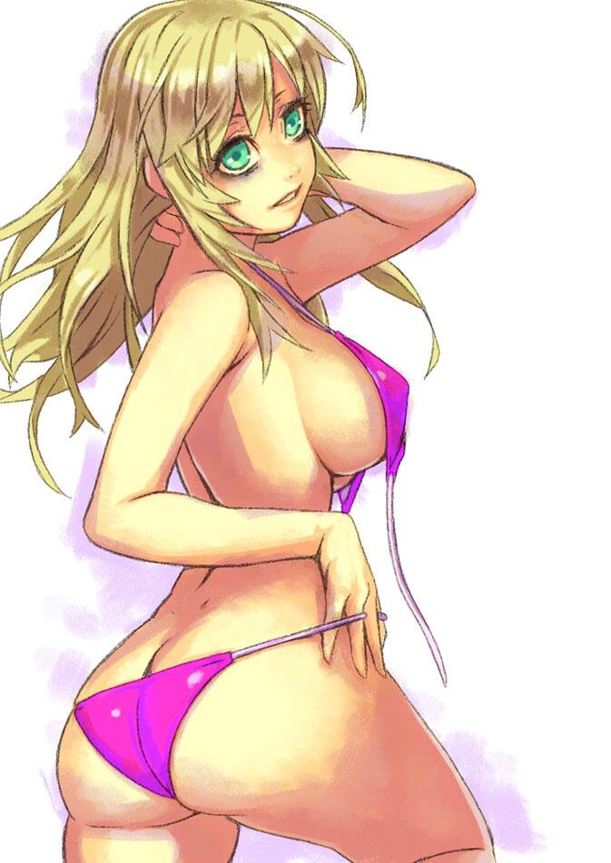 aqua_eyes ass bags_under_eyes bikini blonde_hair breasts butt_crack hand_on_neck large_breasts looking_at_viewer looking_back mustard_seeds original parted_lips sideboob simple_background solo strap_gap swimsuit untied white_background yuuji_(and)