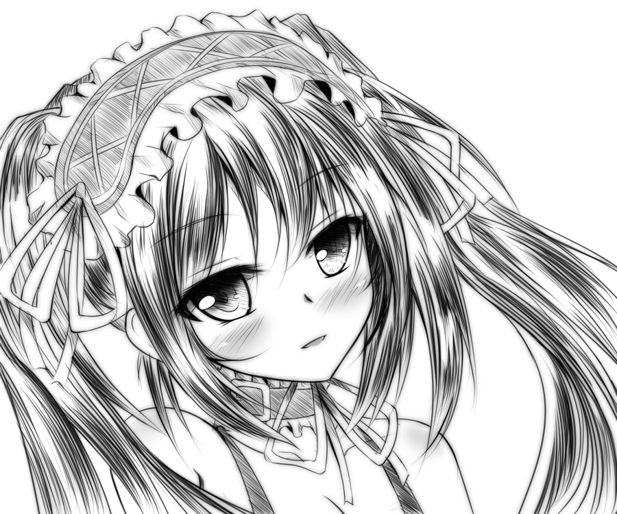 bare_shoulders blush clock clock_eyes collar date_a_live detached_collar folko greyscale hairband heterochromia lolita_fashion lolita_hairband long_hair looking_at_viewer monochrome parted_lips ribbon simple_background sketch solo symbol-shaped_pupils tokisaki_kurumi tsurime twintails upper_body white_background