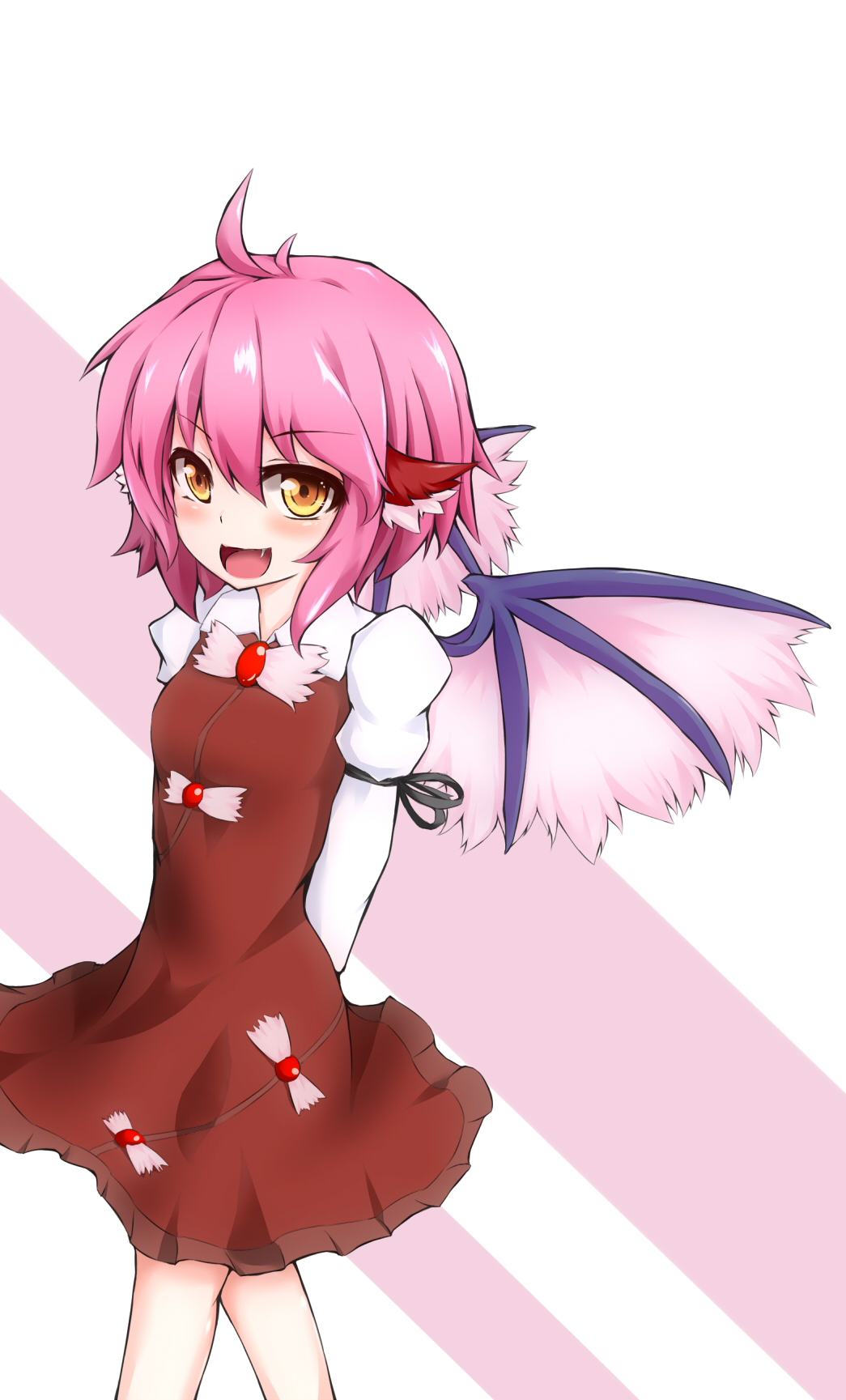 animal_ears arms_behind_back blush highres krace looking_at_viewer mystia_lorelei no_hat no_headwear open_mouth pink_hair short_hair smile solo touhou wings yellow_eyes