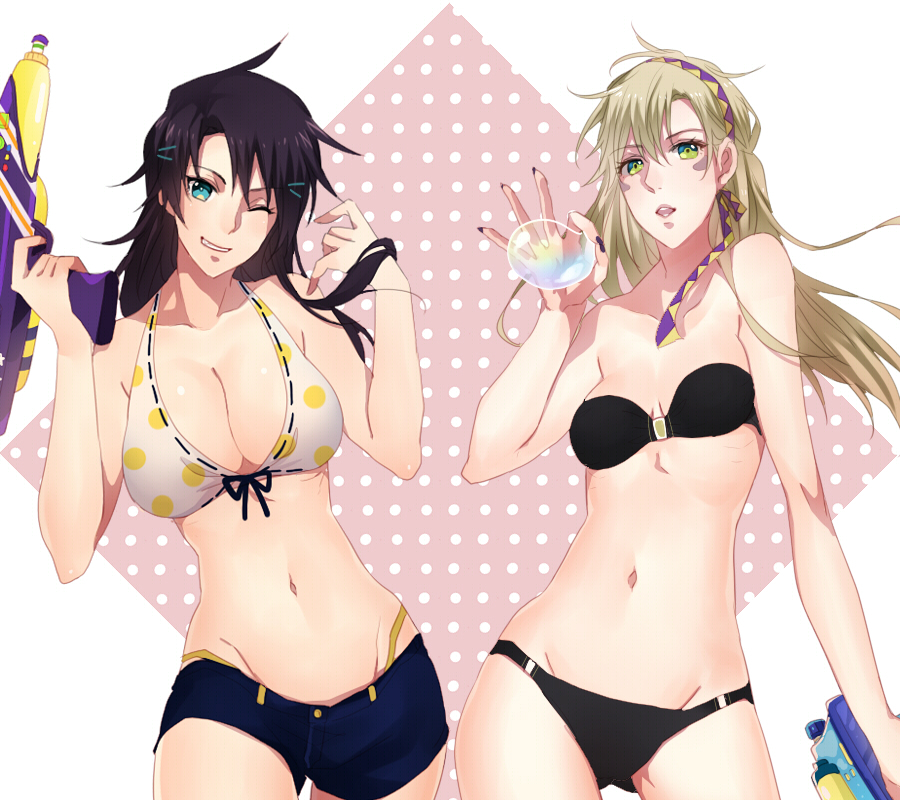 bad_id bad_pixiv_id bandeau bikini bikini_top black_hair blonde_hair blue_eyes breasts bubble_blowing caesar_anthonio_zeppeli cleavage denim denim_shorts genderswap genderswap_(mtf) green_eyes groin hair_ornament hairband hairclip jojo_no_kimyou_na_bouken joseph_joestar_(young) large_breasts long_hair meron multiple_girls one_eye_closed short_shorts shorts swimsuit water_gun