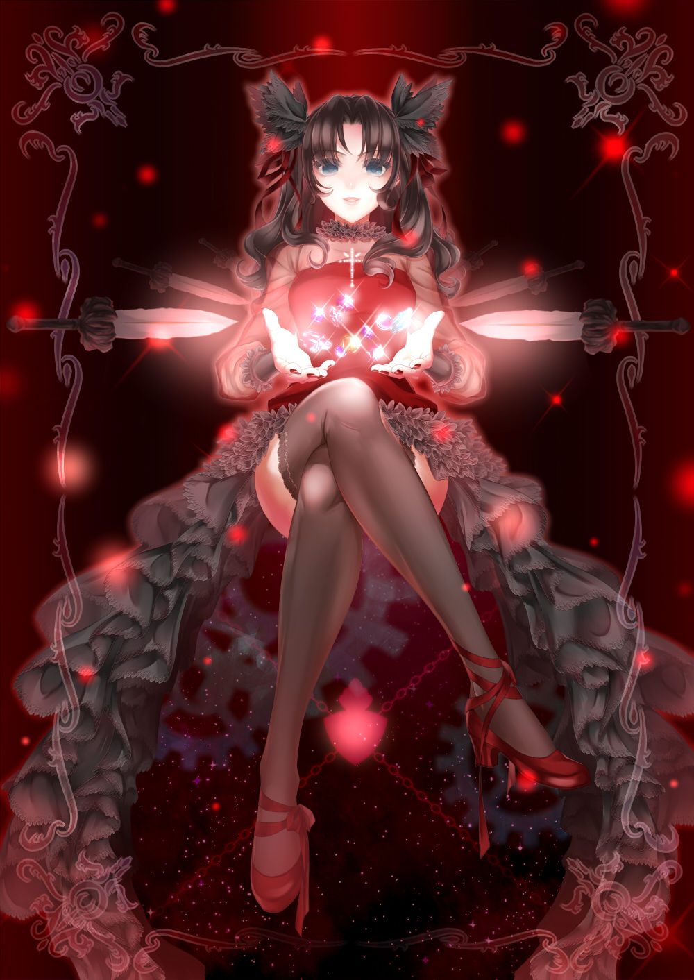 arkray bad_id bad_pixiv_id black_hair blue_eyes crossed_legs dress fate/stay_night fate_(series) gem hair_ribbon high_heels highres lace lace-trimmed_thighhighs long_hair long_legs magic ribbon shoes sitting solo sword thighhighs toosaka_rin two_side_up weapon zelretch_sword