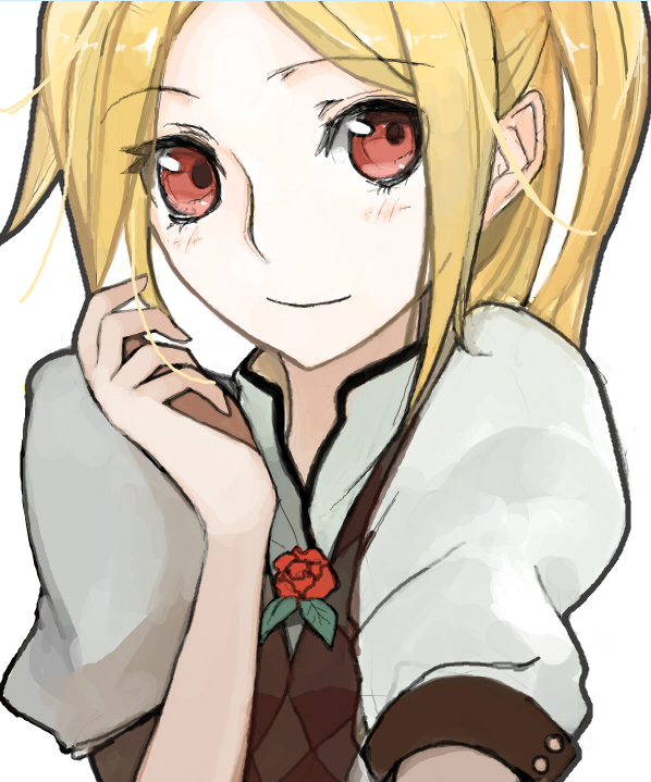 blonde_hair flower long_hair original pupps red_eyes rose simple_background smile solo upper_body white_background