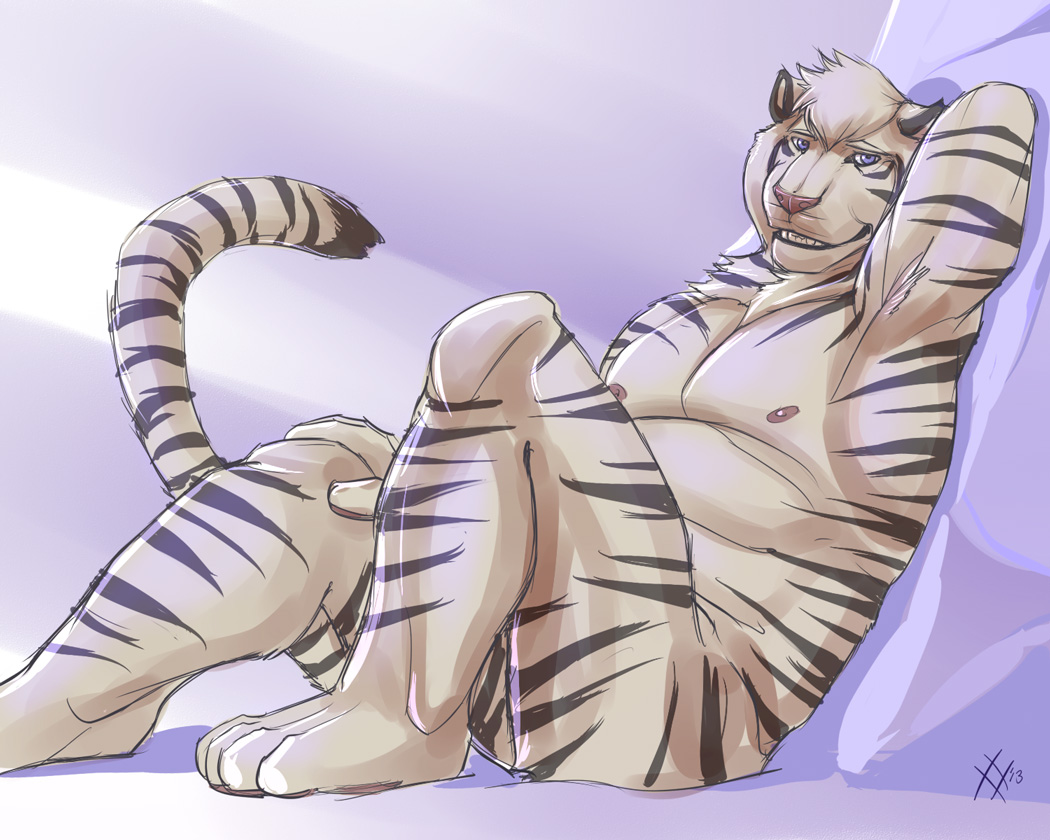 abs biceps big_muscles body_markings convenient_censorship fangs feline fur looking_at_viewer male mammal markings muscles nipples nude pecs rrowdybeast seductive solo tiger white_tiger