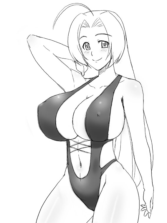 1girl breasts idolmaster kawanuma_uotsuri large_breasts miura_azusa monochrome simple_background solo swimsuit