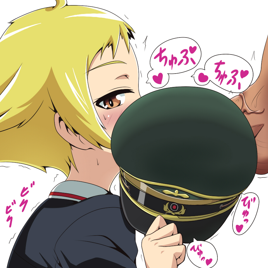 blonde_hair blush brown_eyes covering covering_mouth crab_club erwin erwin_(girls_und_panzer) fellatio girls_und_panzer hat kani_club looking_at_viewer military_hat oral penis school_uniform translation_request