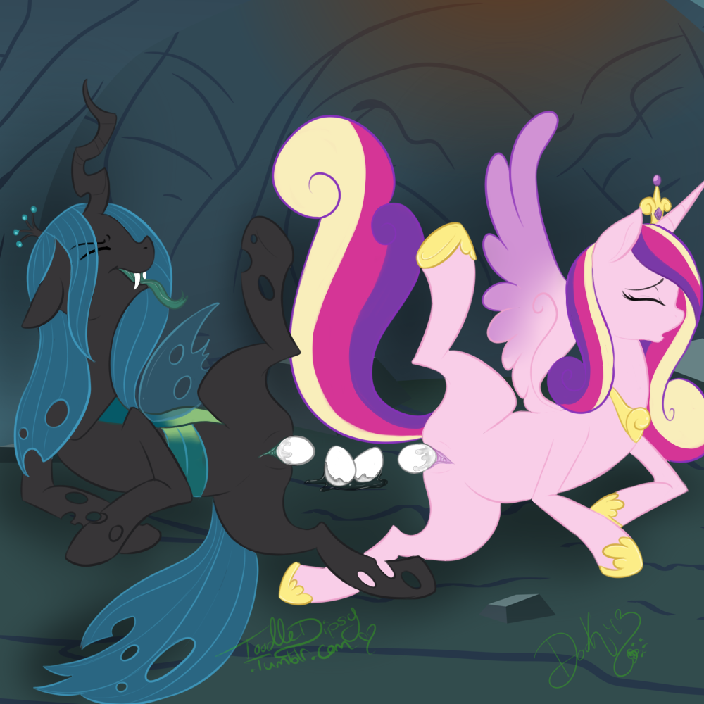 cave changeling duo egg equine fangs female feral forked_tongue friendship_is_magic green_eyes green_hair hair holes horn horse inside lying mammal my_little_pony on_side oviposition pony princess_cadance_(mlp) princess_cadence purple_eyes pussy queen_chrysalis queen_chrysalis_(mlp) spread_legs spreading tongue tongue_out toodledipsy winged_unicorn wings