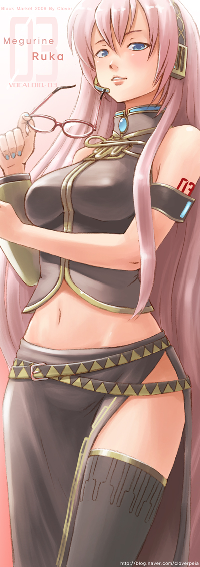 armband belt bespectacled blue_eyes blue_nails breasts cloverpeia engrish glasses headphones large_breasts long_hair megurine_luka microphone midriff nail_polish navel pink_hair ranguage solo thighhighs vocaloid