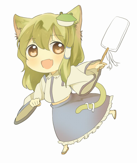 animal_ears bad_id bad_pixiv_id blush cat_ears cat_tail chibi clenched_hand fang gohei green_hair kemonomimi_mode kochiya_sanae noise_(hakusen) open_mouth red_eyes running simple_background solo tail touhou