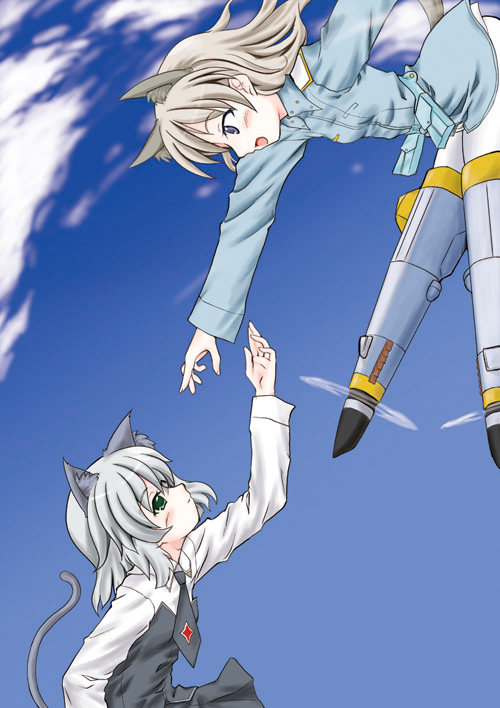 animal_ears blue_eyes eila_ilmatar_juutilainen green_eyes jinmaryu multiple_girls outstretched_arm outstretched_hand pantyhose reaching sanya_v_litvyak strike_witches tail white_legwear world_witches_series