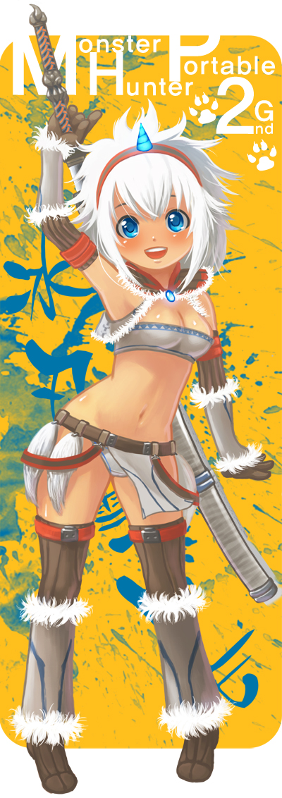 blush breasts cleavage cloverpeia elbow_gloves gloves horn kirin_(armor) medium_breasts monster_hunter solo sword thighhighs weapon white_hair