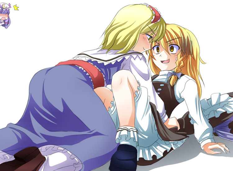 alice_margatroid ass blonde_hair bloomers buttons capelet dress girl_on_top hair_ribbon hairband hat jealous kirisame_marisa multiple_girls naughty_face patchouli_knowledge ribbon touhou tri underwear witch_hat you_gonna_get_raped yuri