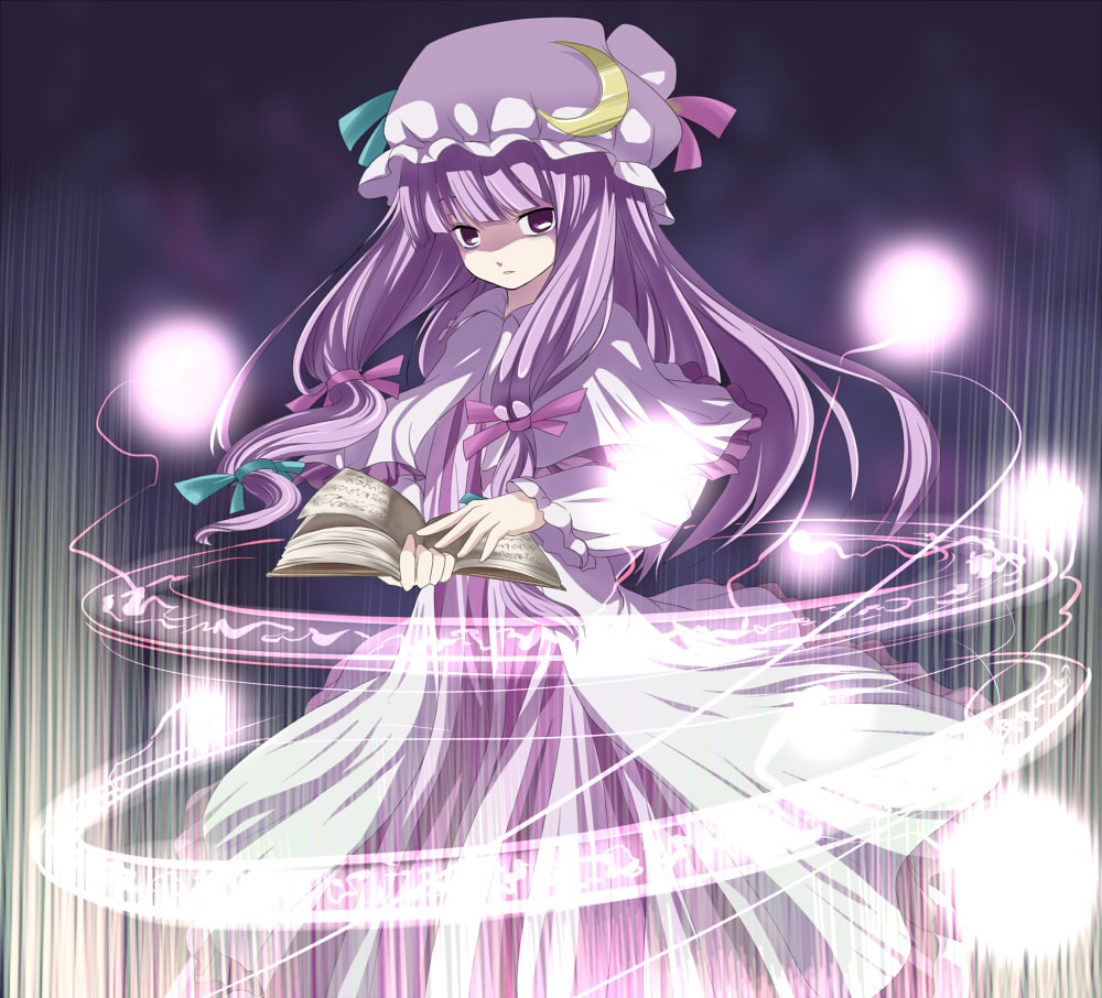 bad_id bad_pixiv_id book bow crescent hat ippaiccha long_hair patchouli_knowledge pink_bow purple_eyes purple_hair solo touhou