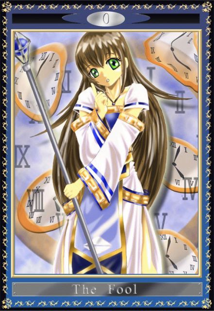 brown_hair card card_(medium) clock detached_sleeves dress gensou_suikoden gensou_suikoden_v green_eyes kuroneko_koubou long_hair side_slit staff tarot very_long_hair viki_(suikoden)