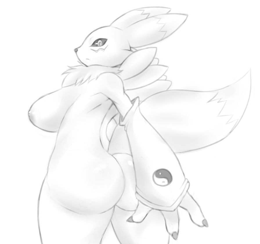 areola big_breasts big_butt black_and_white breasts butt canine digimon erect_nipples facial_markings female fox huge_breasts looking_at_viewer looking_back mammal markings matospectoru monochrome nipples nude plain_background renamon solo standing white_background
