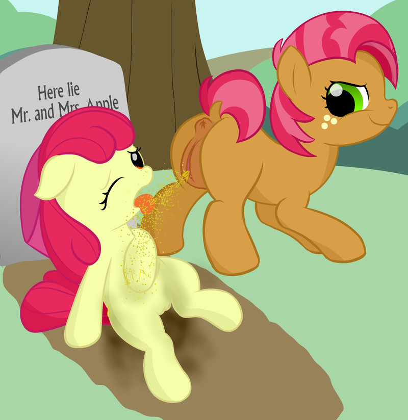 amber_eyes anus apple_bloom apple_bloom_(mlp) babs_seed babs_seed_(mlp) brown_fur cub cutie_mark_crusaders duo english_text equine female feral friendship_is_magic fur grave green_eyes hair horse lying mammal mean my_little_pony ohohokapi one_eye_closed outside peeing pony pussy red_hair smile text tongue tongue_out tree two_tone_hair urine watersports wood yellow_fur young