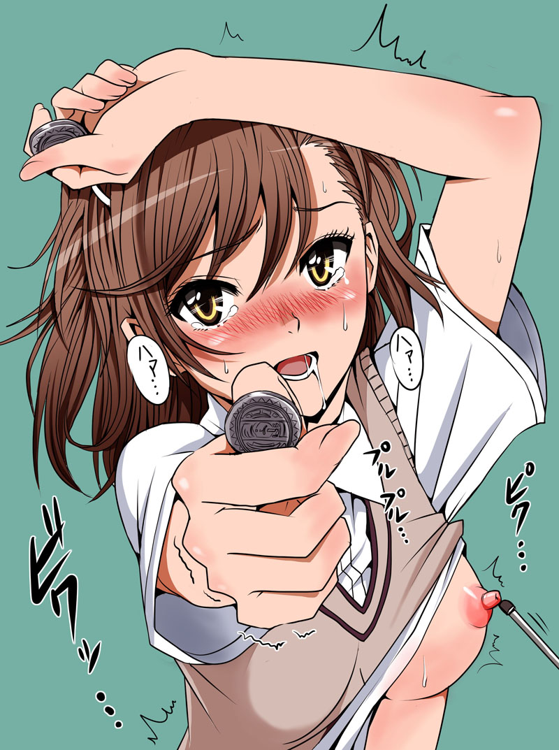 1girl bad_id bad_pixiv_id blush breasts brown_eyes brown_hair coin commentary_request drooling green_background inu_(marukome) medium_breasts misaka_mikoto nipples pointer saliva school_uniform short_hair solo sweat sweater_vest tears to_aru_majutsu_no_index up_sleeve