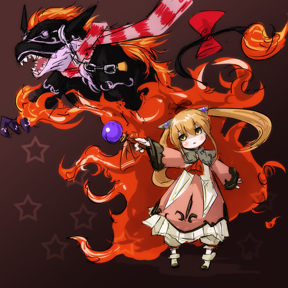 blonde_hair bow contrapposto dragon holding holding_wand horns long_hair long_sleeves lymle_lemuri_phi monster mot_(anticycle) red_bow sharp_teeth solo standing star_ocean star_ocean_the_last_hope tail tail_bow teeth twintails wand