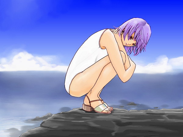 ayane_(doa) cloud day dead_or_alive hybrid_cat ocean one-piece_swimsuit outdoors purple_hair red_eyes sandals short_hair sky swimsuit white_swimsuit