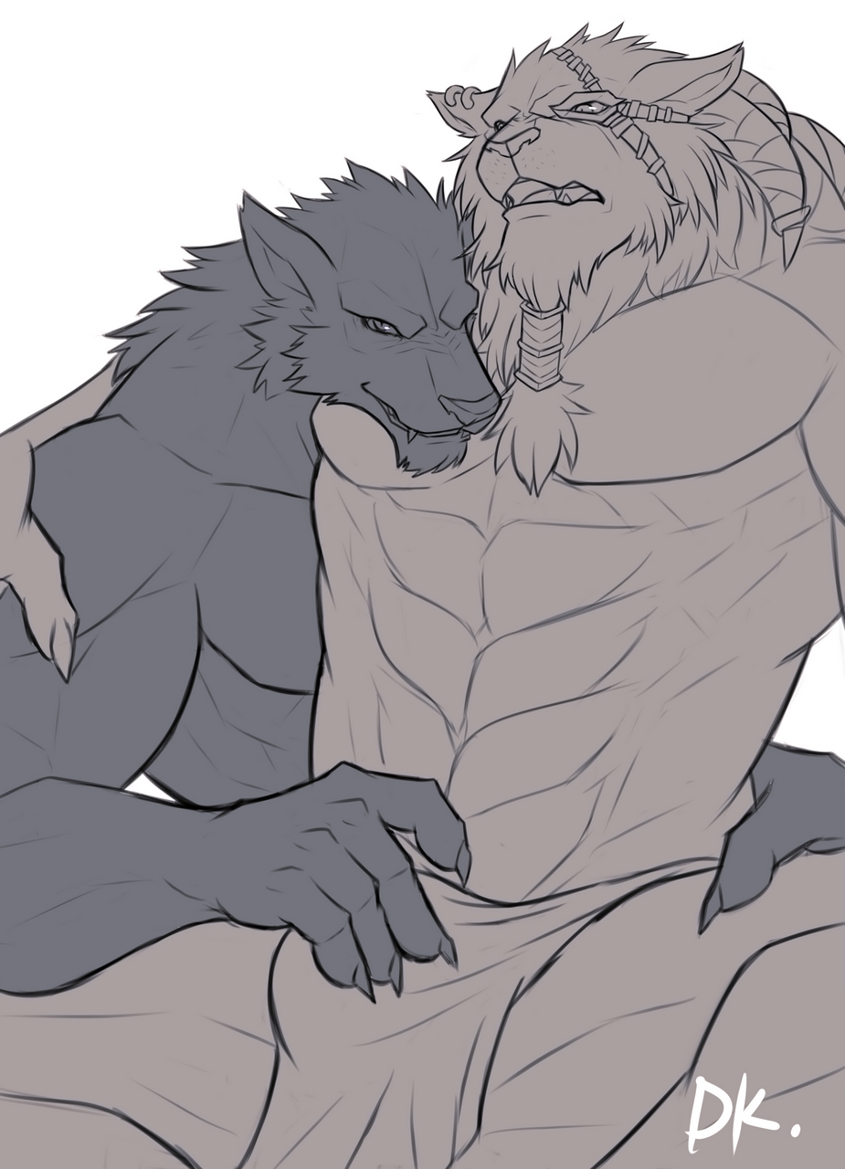 abs anthro biceps big_muscles bulge canine claws couple drks duo fangs fondling fur gay grin gripping grope hair holding league_of_legends loincloth male mammal muscles pecs piercing pose rengar sitting smile teeth toned topless underwear video_games warwick wolf