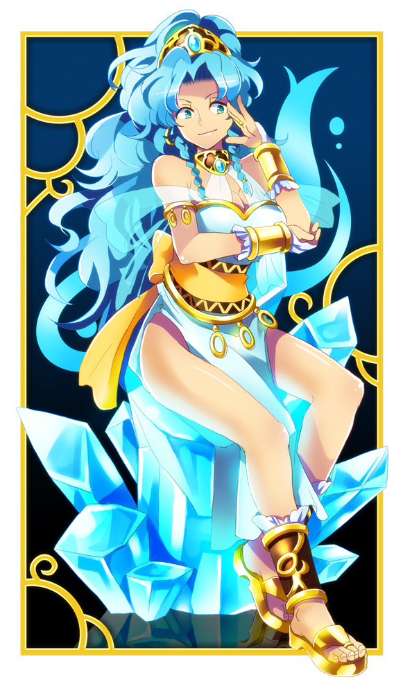 anklet bare_legs blue_background blue_hair bow bridal_gauntlets full_body green_eyes hitopm ice jewelry long_hair madou_monogatari puyopuyo ribbon rulue_(puyopuyo) sandals smile solo very_long_hair